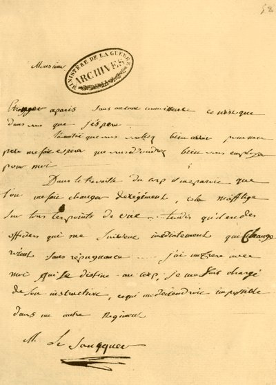 Brev från Napoleon till Le Saucquer, krigsskrivare, 3 juni 1791, 1921. av Napoleon Bonaparte I