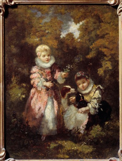 Barn och hundar Målning av Narcissus Diaz de la Pena (1807-1876) (ec. de Barbizon) Sön. 0,32x0,24 m av Narcisse Virgile Diaz de la Peña