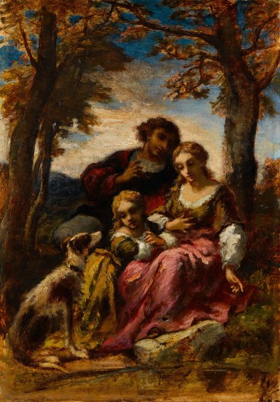 Figurer och en hund i ett landskap, 1852. av Narcisse Virgile Diaz de la Peña