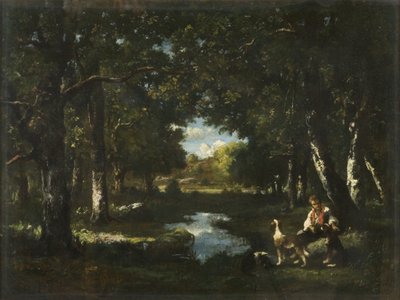 Man och hund vilar i Forest Glade (olja på duk) av Narcisse Virgile Diaz de la Peña