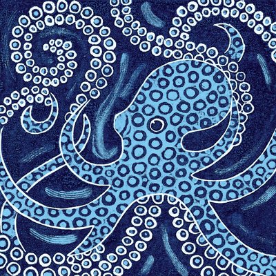 Blue Ringed Octopus, 2010 (träsnitt i färg) av Nat Morley