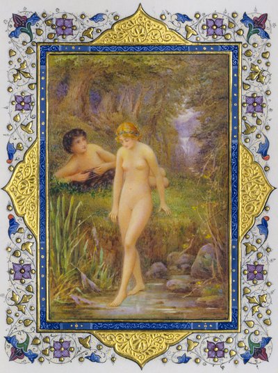 Illuminerad sida från en bok med Shakespeares sonetter med naken kvinna i pastoral fanta... av Nathan Benn