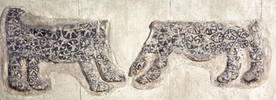 Neolitisk väggdekoration av leoparder, utgrävd vid Catal Huyuk i centrala Anatolien av Nathan Benn