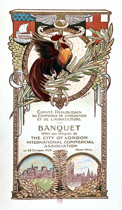 Tupp och monument, bankettmeny för den republikanska kommittén för handel, industri och jordbruk erbjuds 22.11.1906 till delegaterna från City of Londons internationella kommersiella sammanslutning av Nathan Weill