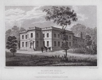 Farnley Hall, säte för Walter Fawks (gravyr) av Nathaniel (after) Whittock