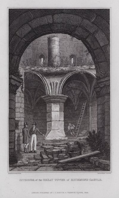 Interiör av Great Tower of Richmond Castle (gravyr) av Nathaniel (after) Whittock