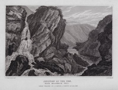 Junction of the Ure, med Mossbeck Fell (gravyr) av Nathaniel (after) Whittock