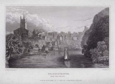 Knaresborough, från bron (gravyr) av Nathaniel (after) Whittock