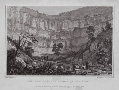 Malham Cove, källan till Aire (gravyr) av Nathaniel (after) Whittock