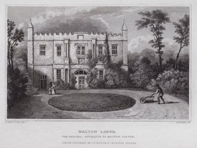 Malton Lodge, den ursprungliga ingången till Malton Castle (gravyr) av Nathaniel (after) Whittock