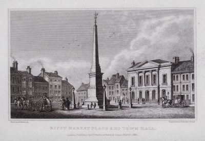 Ripon marknadsplats och rådhus (gravyr) av Nathaniel (after) Whittock