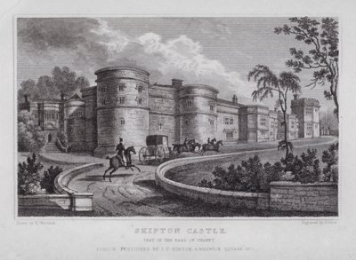 Skipton Castle, säte för Earl of Thanet (gravyr) av Nathaniel (after) Whittock
