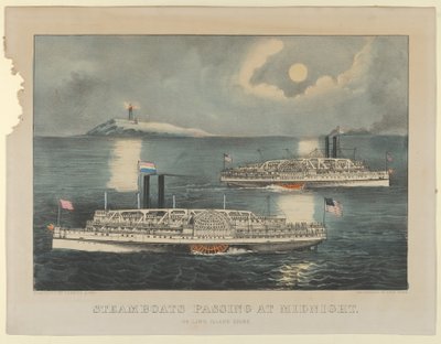Ångbåtar passerar vid midnatt - på Long Island Sound, 1872-74., 1872-74. Skapare: Nathaniel Currier, James Merritt Ives, Currier och Ives. av Currier and Ives