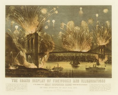 The Grand Show of Fireworks and Illuminations at the Great Suspension Br..., 1883. Skapare: Nathaniel Currier, James Merritt Ives, Currier och Ives. av Currier and Ives