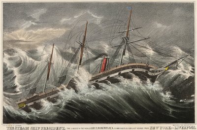 Ångfartyget President, världens största, under befäl av löjtnant Roberts under hans sista resa från New York (USA) till Liverpool (England), i stormen den 12 mars av Nathaniel Currier