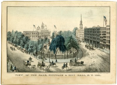 Vy över parken, fontänen och stadshuset, New York 1851, 1851 av Nathaniel Currier