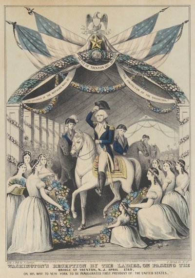 Washingtons mottagning av damerna när de passerade bron i Trenton, N.J., april 1789, o..., 1845. av Nathaniel Currier
