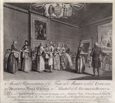 En exakt representation av den form och det sätt på vilket utsatta och övergivna barn tas in på Foundling Hospital, 1749. av Nathaniel Parr