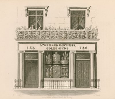 Butiksfasad i jonisk stil för Messrs Storr and Mortimer, guldsmeder och juvelerare, nr 156, Bond Street, London. av Nathaniel Whittock