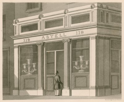 Butiksfront för Astell, Wine and Spirit Warehouse, Grafton Street, Tottenham Court Road av Nathaniel Whittock