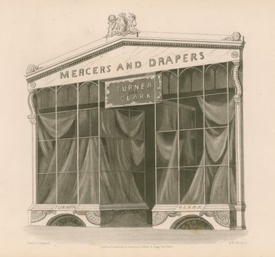Butiksfront för Mrs Turner och Clark, Mercers and Drapers, Coventry Street, London av Nathaniel Whittock