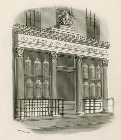 Shoppa framsidan av Godfrey och Cooke, Chemists, Conduit Street, London av Nathaniel Whittock