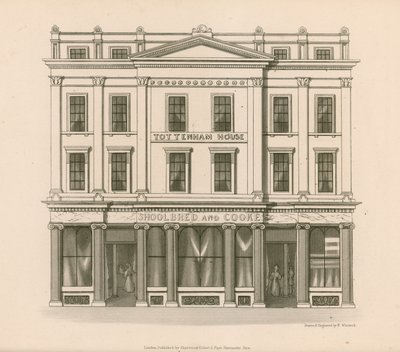 Shoppa framsidan av Shoolbred and Cooke, Drapers, Tottenham Court Road, London av Nathaniel Whittock