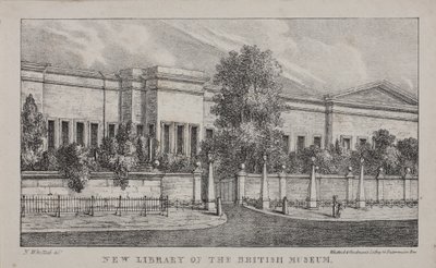 Utsikt över det nya biblioteket på British Museum, ca 1830 (litho) av Nathaniel Whittock