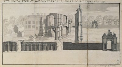 Södervy av Holdenby House och ruiner som sågs 1729 av Nathaniel and Samuel Buck