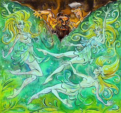 Alberich och Rhinmaidens - illustration av "Das Rheingold" av Neale Osborne