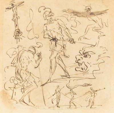 Studieark med en soldat som drar ett svärd, ett krucifix, monstruösa djur och andra figurer av Neapolitan 17th Century