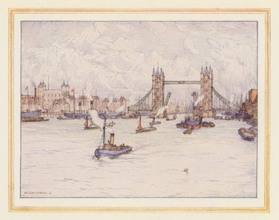 Tornet och Tower Bridge (färglitografi) av Nelson Dawson
