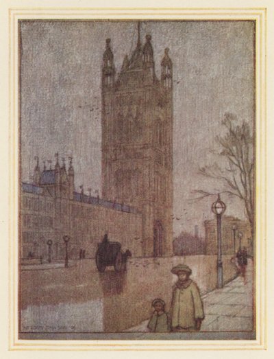 Victoria Tower, House of Lords (färglitografi) av Nelson Dawson