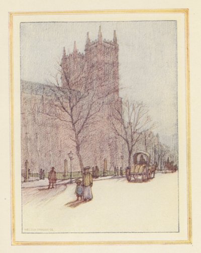Westminster Abbey (färglitografi) av Nelson Dawson