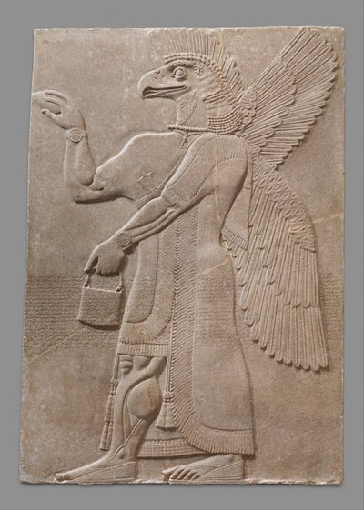 Reliefpanel av bevingad övernaturlig figur med örnhuvud, ca 883-59 f.Kr. (gips alabaster) av Neo Assyrian