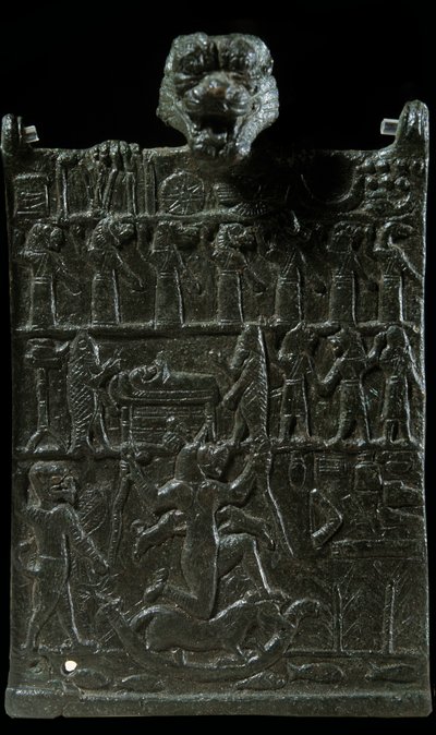 Mesopotamien: besvärjelseplakett i brons mot den demoniska gudomen Lamashtu. Representation av en exorcismscen. Neo-assyriska perioden (v 1000-612 f.Kr.). 750 f.Kr. Paris, Louvren av Neo Assyrian Neo Assyrian