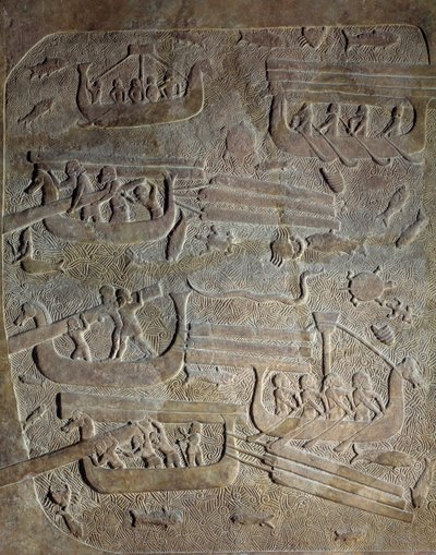 Mesopotamien under den nyassyriska eran (cirka 1000-612 f.Kr.): ”” Sjöexpedition, transport av virke från Libanon längs den feniciska kusten, lastning av båtar””” 800-talet f.Kr. Från Khorsabad (Khunsabad) Paris, Musee du Louvre av Neo Assyrian Neo Assyrian