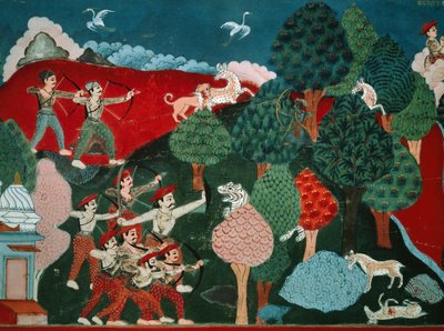 En kung som tillbringar sina dagar med att döda fattiga gaseller utan anledning, senare, i ett annat liv, är han gasell och dödas av jägare, detalj från Swayambhu Purana, viktig buddhistisk helig text i Nepal, gouache, nepalesisk civilisation av Nepalese School