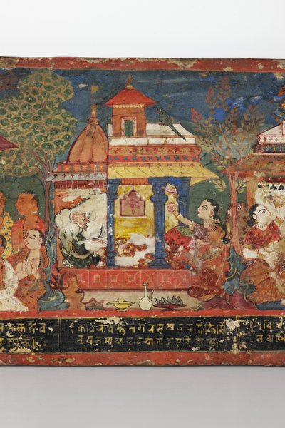 Detalj från ett buddhistiskt manuskriptomslag (ogenomskinlig wc på trä) av Nepalese School