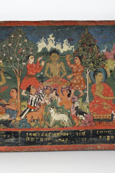 Detalj från ett buddhistiskt manuskriptomslag (ogenomskinlig wc på trä) av Nepalese School