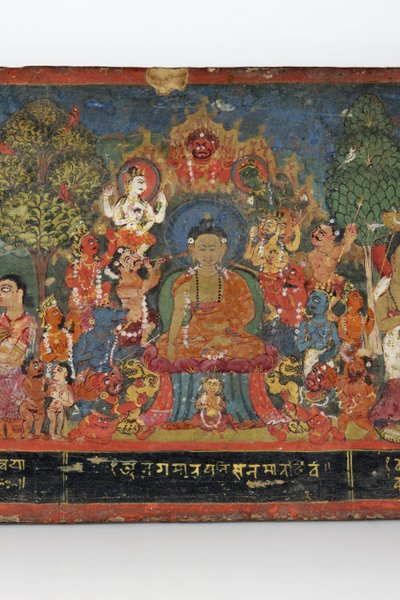 Detalj från ett buddhistiskt manuskriptomslag (ogenomskinlig wc på trä) av Nepalese School