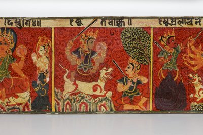 Detalj från ett Devimahatmya-manuskriptomslag (ogenomskinlig wc på trä) av Nepalese School