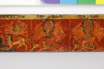 Detalj från ett Devimahatmya-manuskriptomslag (ogenomskinlig wc på trä) av Nepalese School