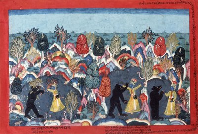 Krishna Fighting Jambavata, King of the Bears, ca. 1775 av Nepalese School