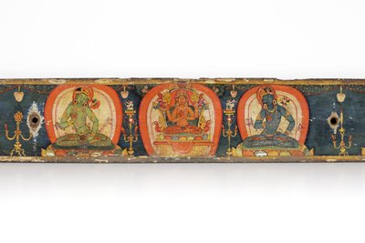 Manuskript av De fem skydden, bakre omslag, 1138 (ogenomskinlig wc och bläck på trä) av Nepalese School