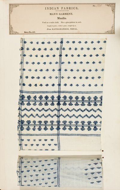 Muslinprov från Kathamandoo i Nepal, från The Collection of the Textile Manufacturers of India, av John Forbes Watson, publicerad 1866 av Nepalese School