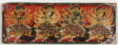 En av ett par manuskriptomslag som föreställer Devi som de åtta mödrarna (wc på trä) av Nepalese School