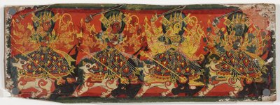 En av ett par manuskriptomslag som föreställer Devi som de åtta mödrarna (wc på trä) av Nepalese School