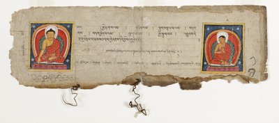 Sida från ett buddhistiskt manuskript, möjligen från Mahashitalanika, ca 1400 (ogenomskinlig wc & bläck på papper) av Nepalese School