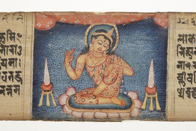 Sittande Bodhisattva, från Gandavyuha (ogenomskinlig wc & bläck på palmblad) av Nepalese School